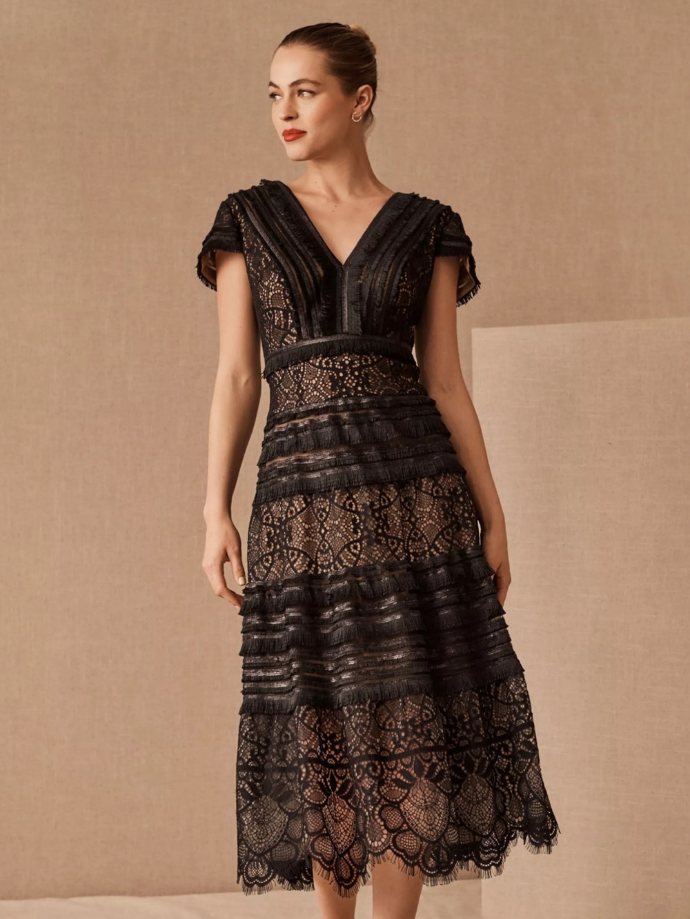 NWT Tadashi Shoji Orinda V Neck dress - Black Lace Fringe Midi Dress
